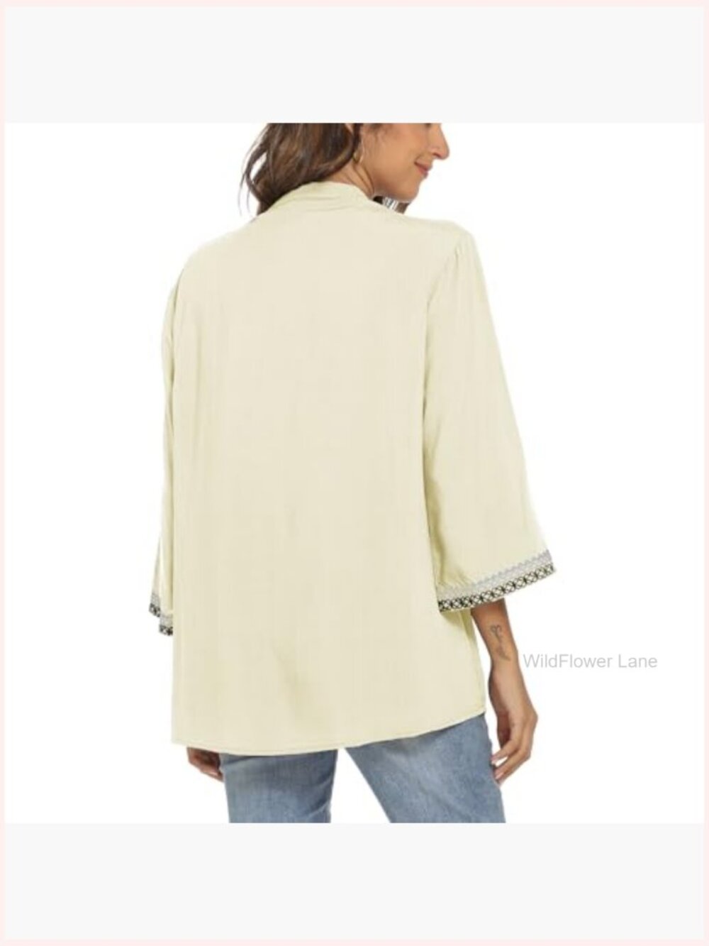 Mexican Embroidered Tunic Blouse Peasant Top 3/4 Sleeve V Neck - Picture 2 of 6